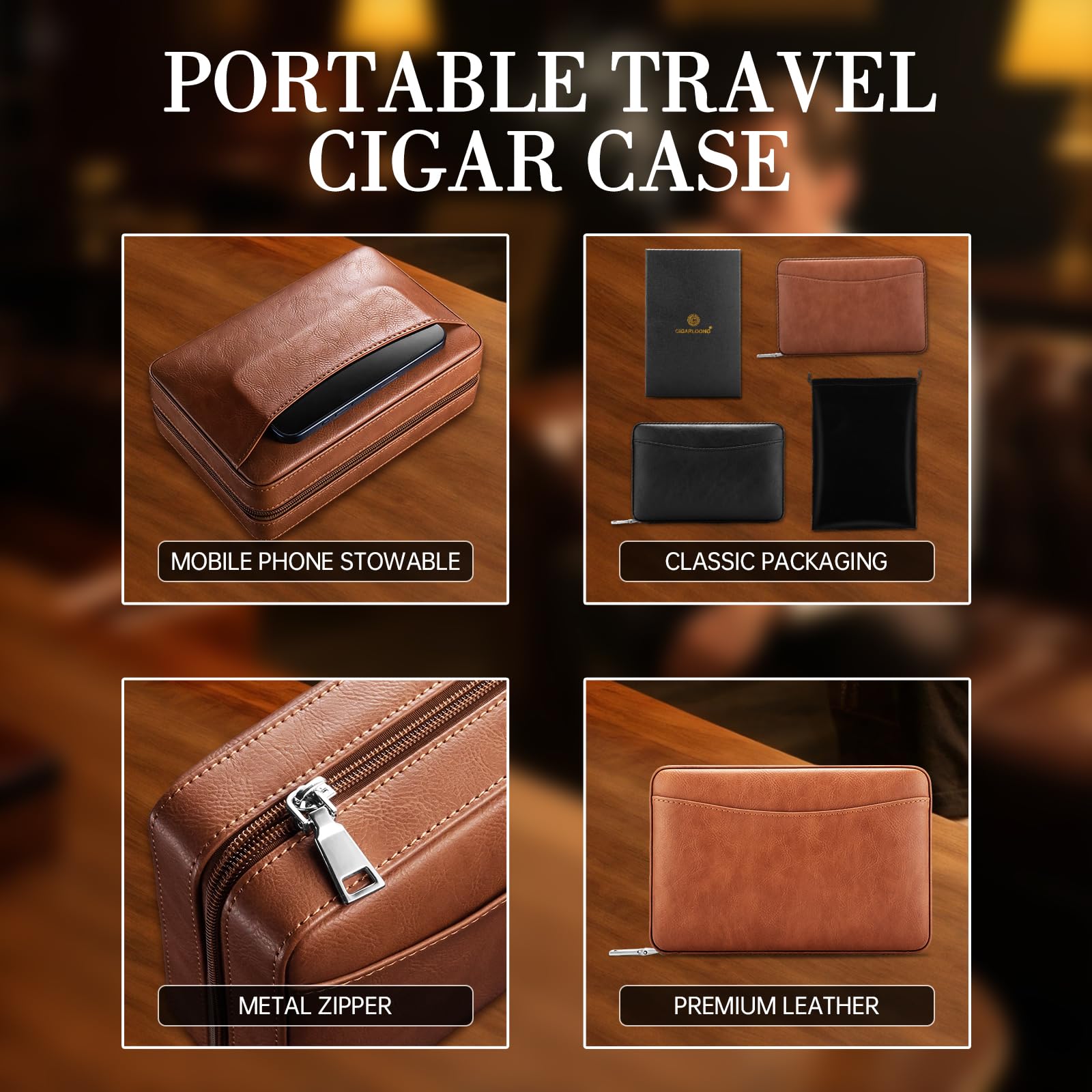 Boîte à cigares de Voyage avec poinçon, étui à cigares en Cuir doublé de Bois de cèdre pour 6 cigares, humidificateur Portable intégré pour Les Amateurs de cigares (Noir)