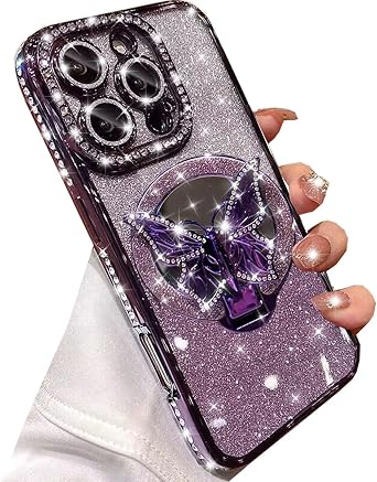 Changjia Magnetic Glitter Case for iPhone 16 Pro Max,[Compatible with MagSafe] Bling Sparkly Diamond with Camera Protector &Butterfly Stand &Makeup Mirror Women Girls Case for iPhone 16 Pro Max,Purple