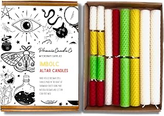 Imbolc | Pack of 18 Beeswax Altar Candles | A4 Imbolc Guide | Wheel of The Year | Unscented | Hand-Rolled | Burn Time 35 to 160 mins