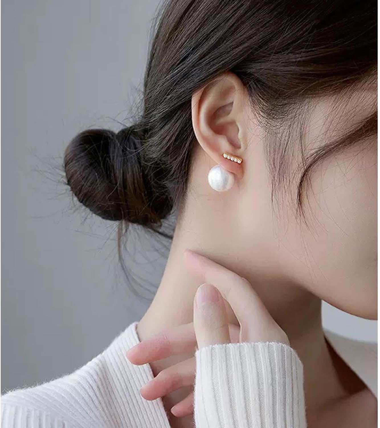 W WEILIRIAN Boho Pearl Ear Jacket Earrings Pearl Bar Stud Earrings Gold Pearl Bead Earrings Pearl Wedding Earrings Two Ways Front Back Earrings Jewelry for Women and Girls Gifts - Image 9
