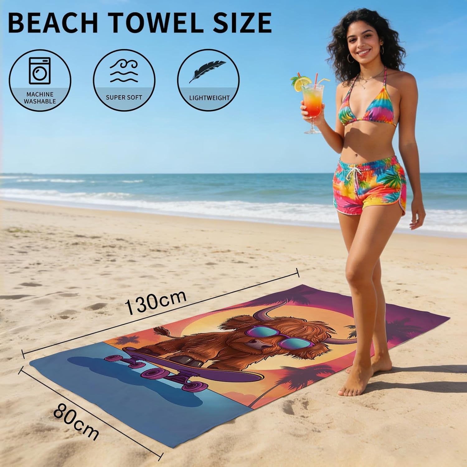 Highland Cow Beach Towel, Cute Brown Highland Cow with Sunglass Skateboarding Towels, Sunset Palm Tree Absorbent Sand-Free Bath Towels for Swimming Surfing Travel, Oversized 32x52