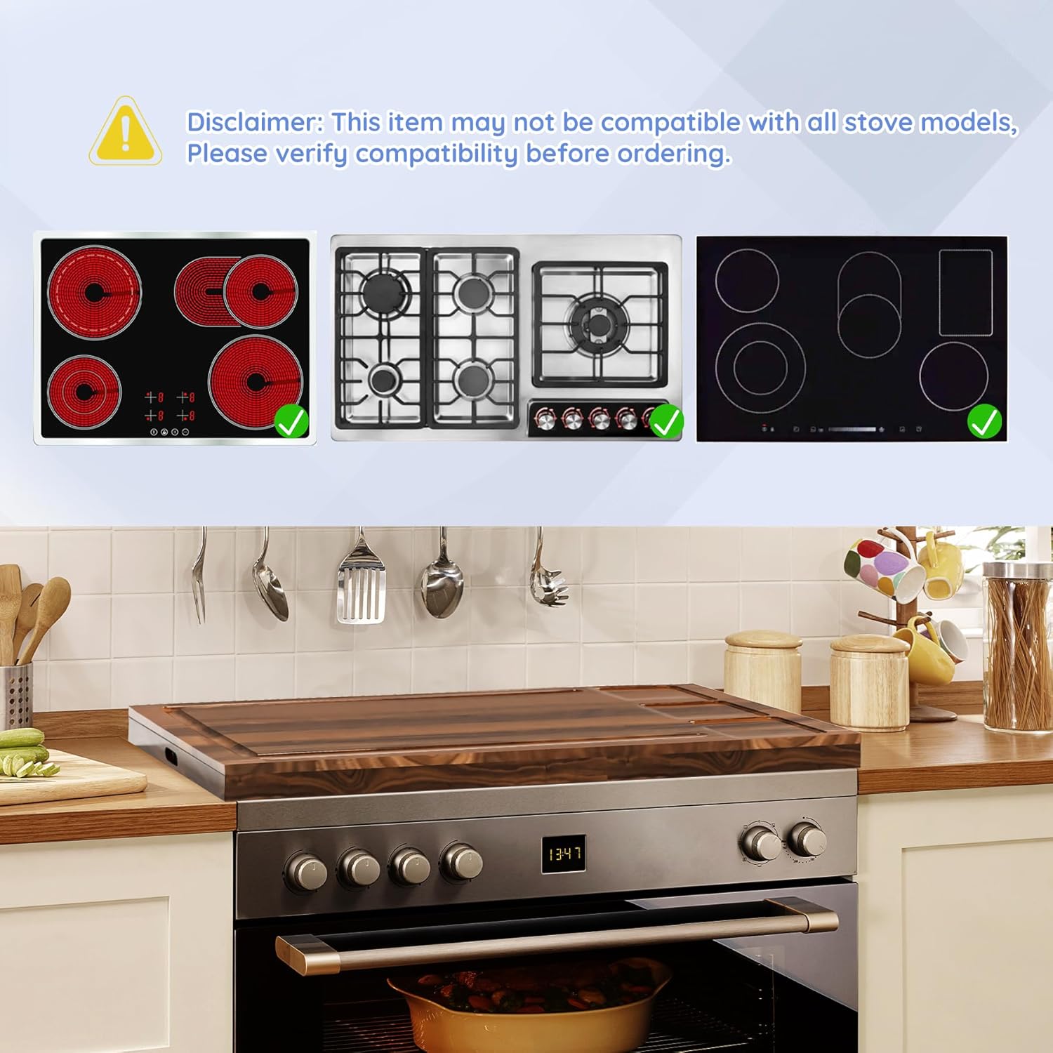 Noodle Board Stove Cover, Noodle Board Stove Covers with Handle, Wooden Stove Top Covers for Electric Stove and Gas Burners, Cutting Board with Juice Groove & Separate Zone