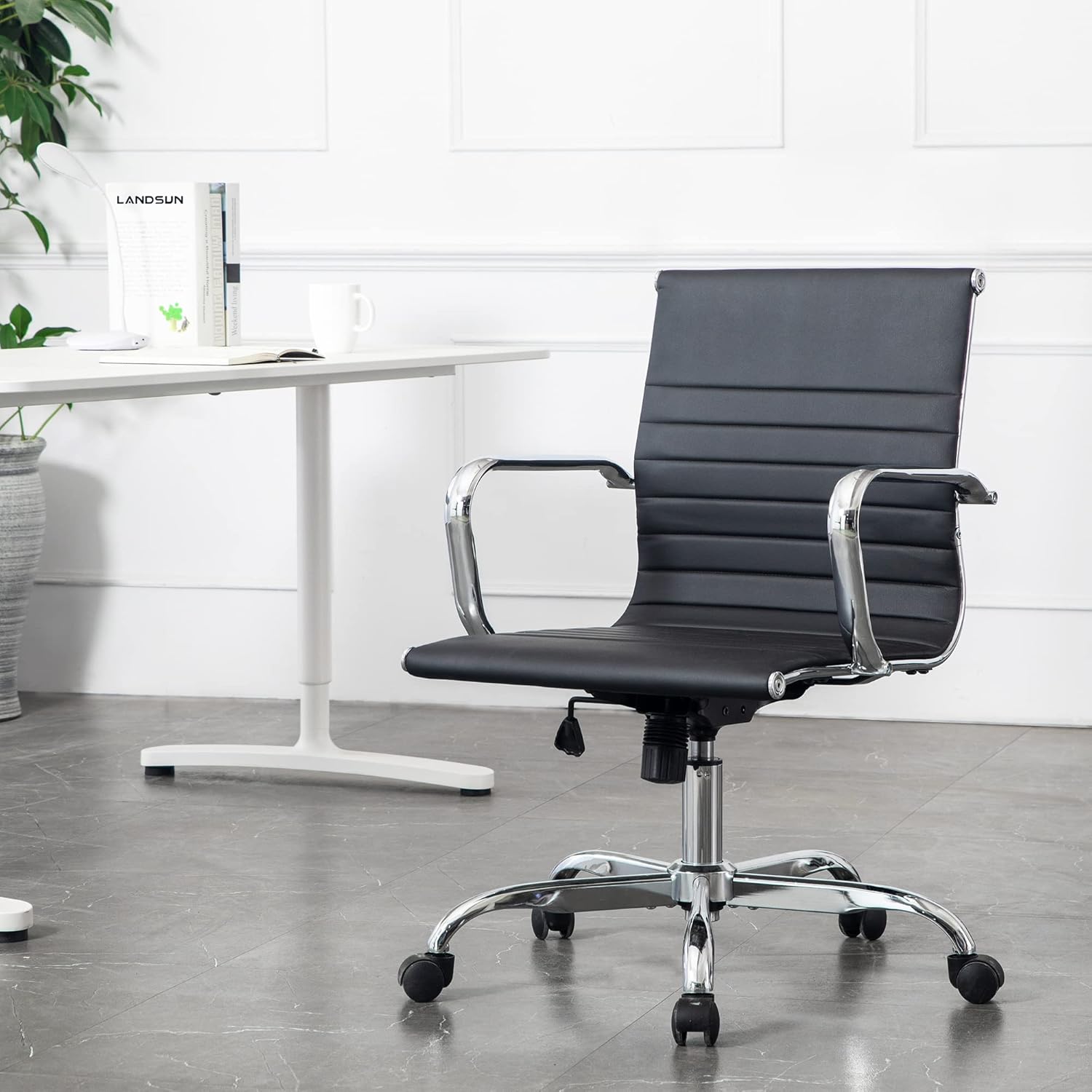 LANDSUN Home Office Chair Mid Back PU Leather Ribbed Swivel Tilt Adjustable Computer Desk Chair with Armrest Executive Conference Black