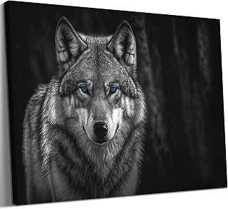 Black and White Animals Picture Wild Wolf with Blue Eyes Canvas Wall Art Prints Modern Wildlife Posters Wall Decor for Living Room Bedroom Home Office Decoration Framed and Ready to Hang - 12x16 Inch