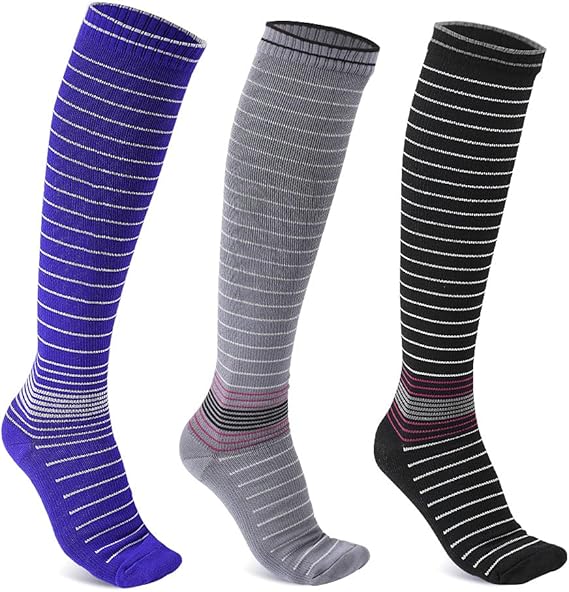 3 Pairs Striped Compression Socks for Men Women Knee High Tube Socks