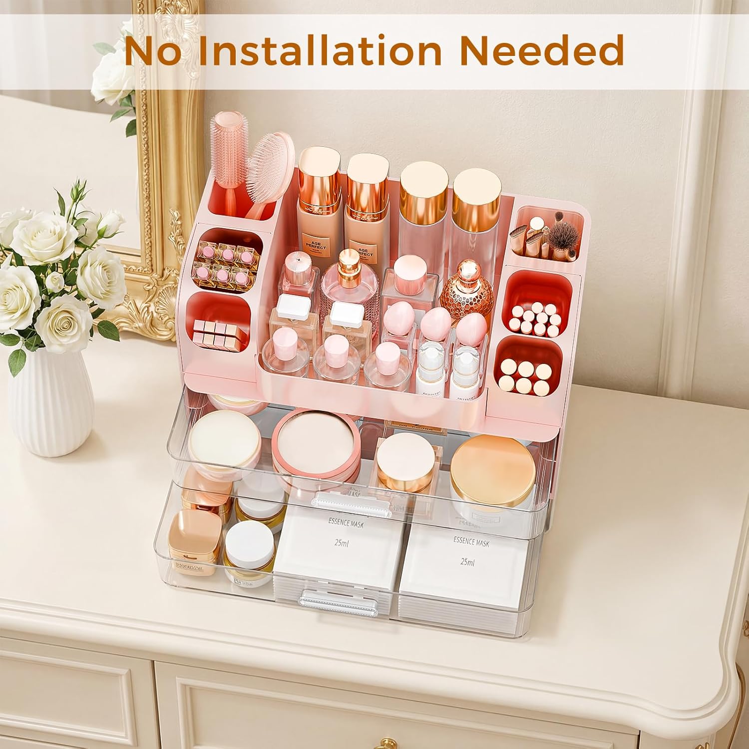 Makeup Organizer for Vanity with Brush Holder, Large Bathroom Countertop Organizer & Skincare Storage | Perfume, Cosmetics Display Case with Drawers (Pink)