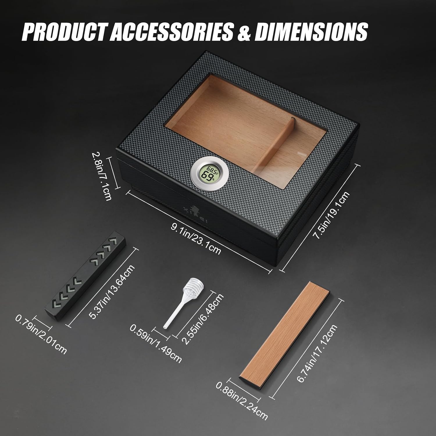 XIFEI Cigar Humidor, Glass Top Carbon Fiber Texture with Digital Hygrometer, Including Cigar humidifier, Divider, Cedar Wood Humidor Box, Holds 25-35 Cigars (9IN*7.5 * 2.8)
