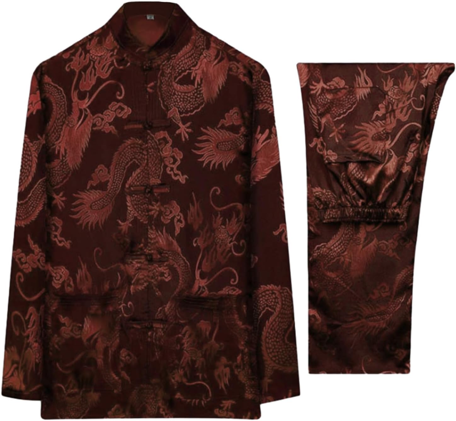 Mens Dragon Print Jacquard Chinese Kung Fu Suit Martial Arts Wing Chun Uniform Shirt Pants Set Tang Costume