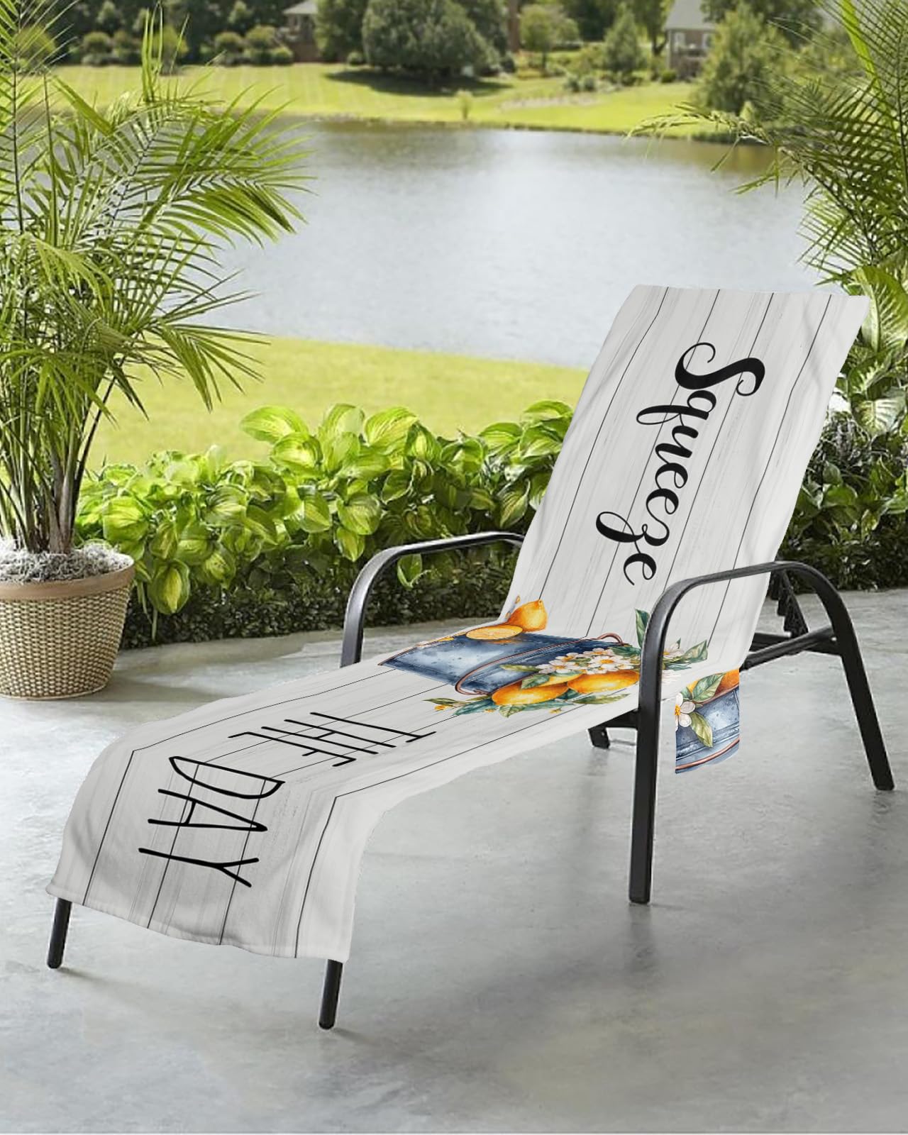 Lemon Flower Beach Chair Towel Covers for Chaise Lounge With Side Pocket, Soft Plush Pool Towels Cover for Patio Sunbathing Outdoor 29''x85'' Summer Farmhouse Barrel Wood Grain