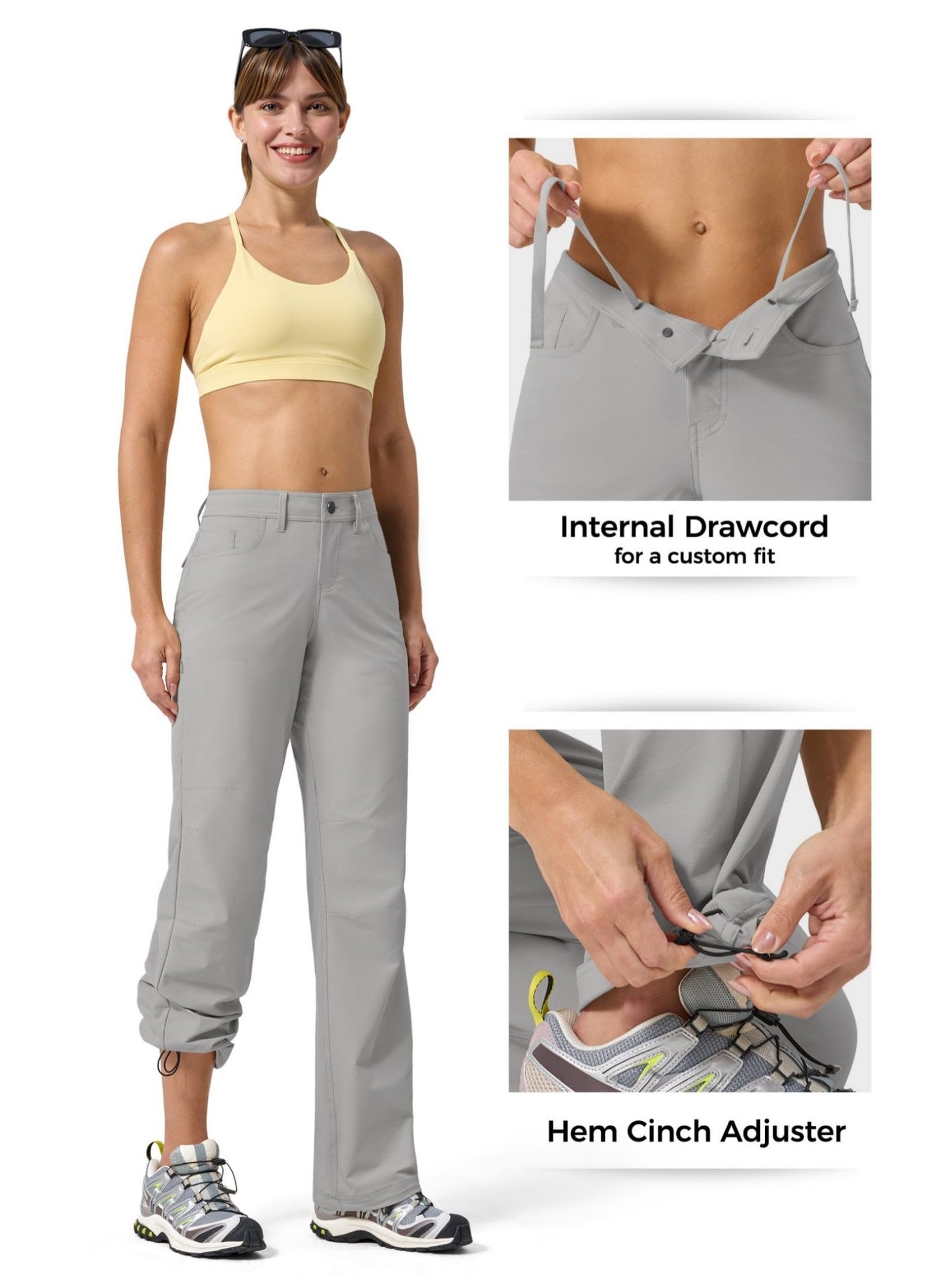 WILLIT Pantalon de randonnée pour femme, à séchage rapide, léger, résistant à l'eau, protection UV UPF 50+, taille élastique, 74 cm avec 4 poches