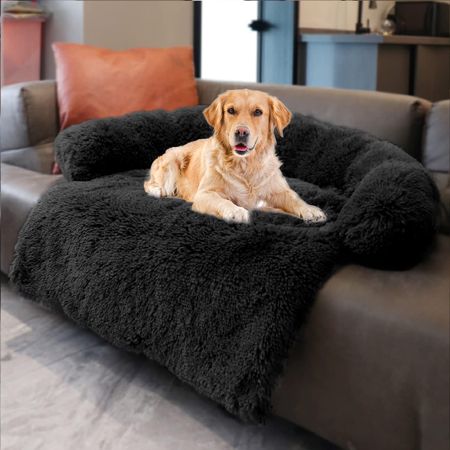 Dekeyoo Waterproof Dog Beds for Couch with Soft Neck Bolster, Universal Pet Furniture Cover, Sofa Bed Cover, Plush Dog Bed and More for Dogs and Cats, Machine Washable Black Large : Pet Supplies