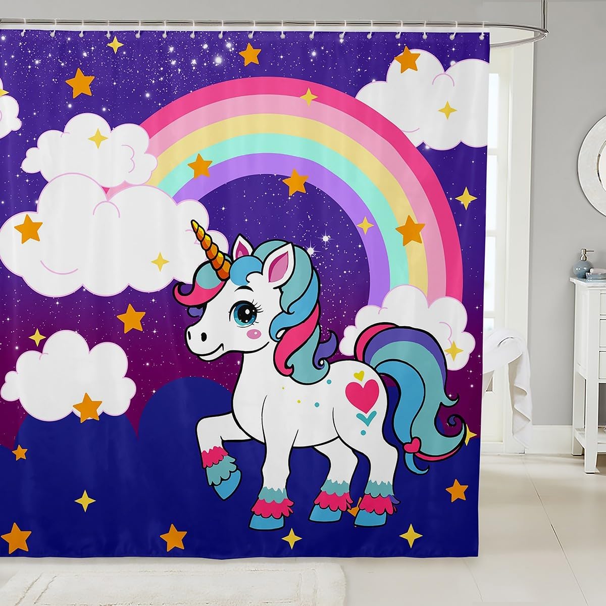 jejeloiu Girls Unicorn Shower Curtain Cute Rainbow Unicorn Bath Curtain for Kids Girls Galaxy Stars Fantasy Bathroom Waterproof Accessories with 12 Hooks Princess Girly Bedroom Decor 72"x78"