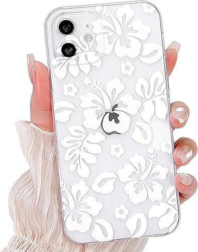 Funda compatible con iPhone 12, bonito diseño transparente de flores de hibisco con estampado floral para niñas y mujeres, TPU suave a prueba de