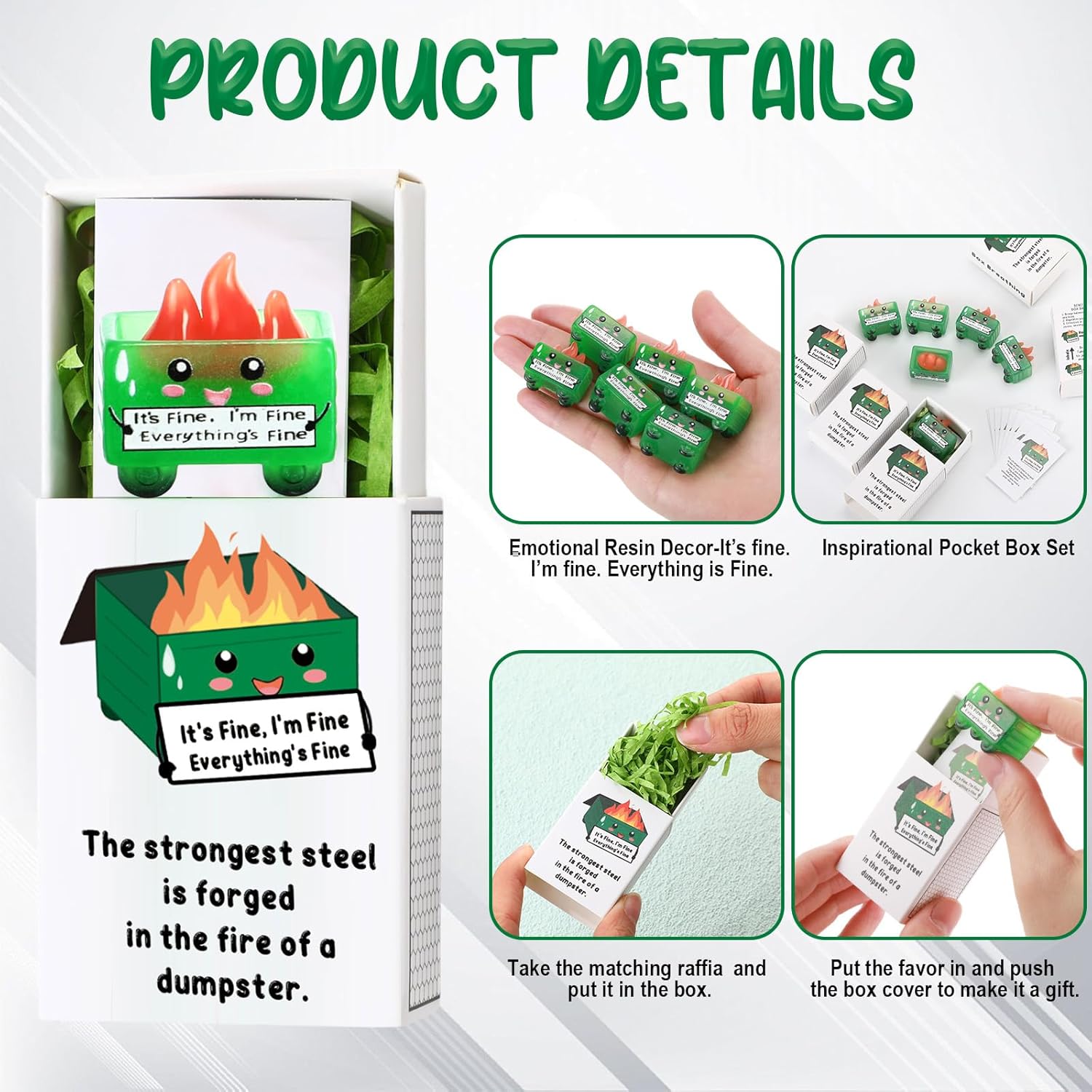 Realspring 48 Sets Luminous Dumpster Fiery Anxiety Relief Gift Bulk Response Team Emotional Support Dumpster Flame Affirmation Gift with Box for Coworker Teacher Nurse Employee Staff Favor (Green)