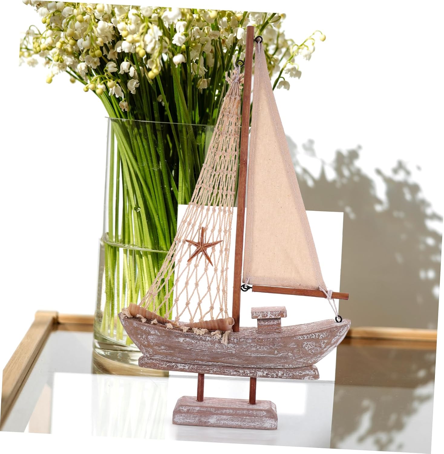 Mediterranean Style Wooden Sailboat Figurine Nautical Decor for Home Small Vintage Sailing Ship Ornament with Natural Wood Craft Elegant Color Matching for Living Room Study Party