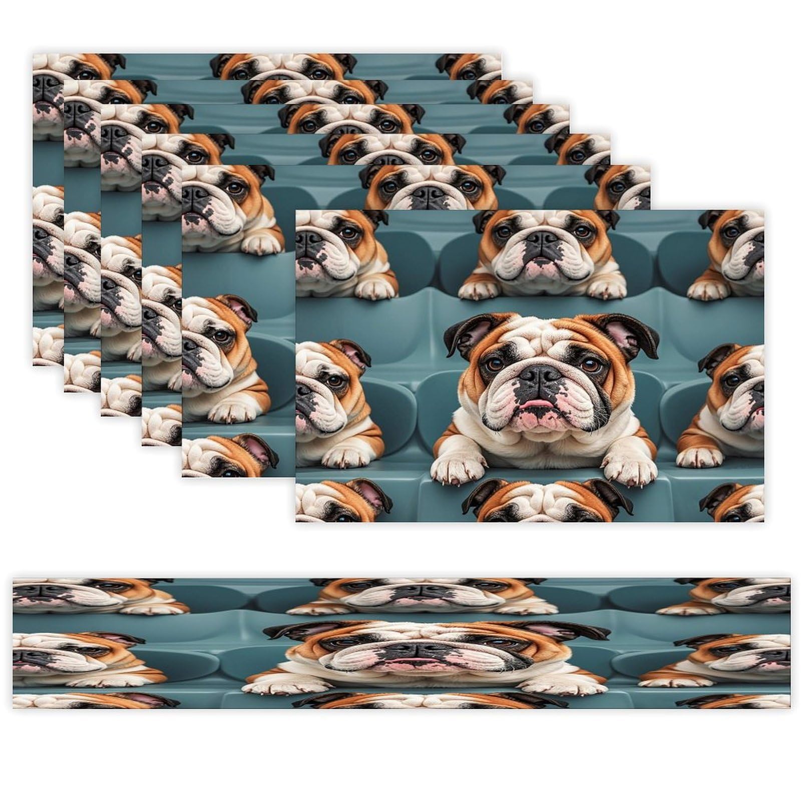 Funny English Bulldog Placemats Set of 6 and Table Runner for Holiday Party Kitchen Dining Table Decor Farmhouse Style Washable Table Mat Set Heat Resistant Linen Place Mat Sets