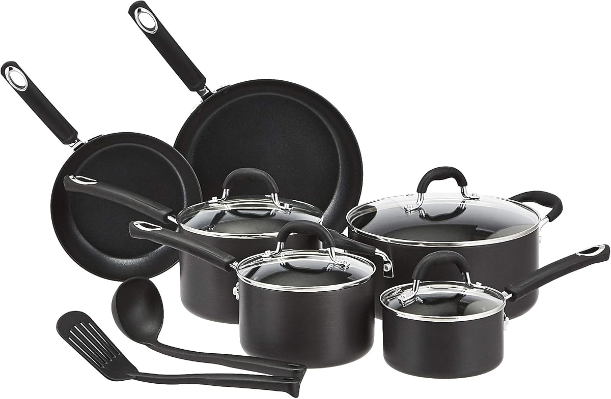 Amazon Basics Non-Stick Cookware Set, Pots and Pans with Lids, Hard Anodized Aluminum, Dishwasher Safe, Oven Safe, Black, 12-Piece
