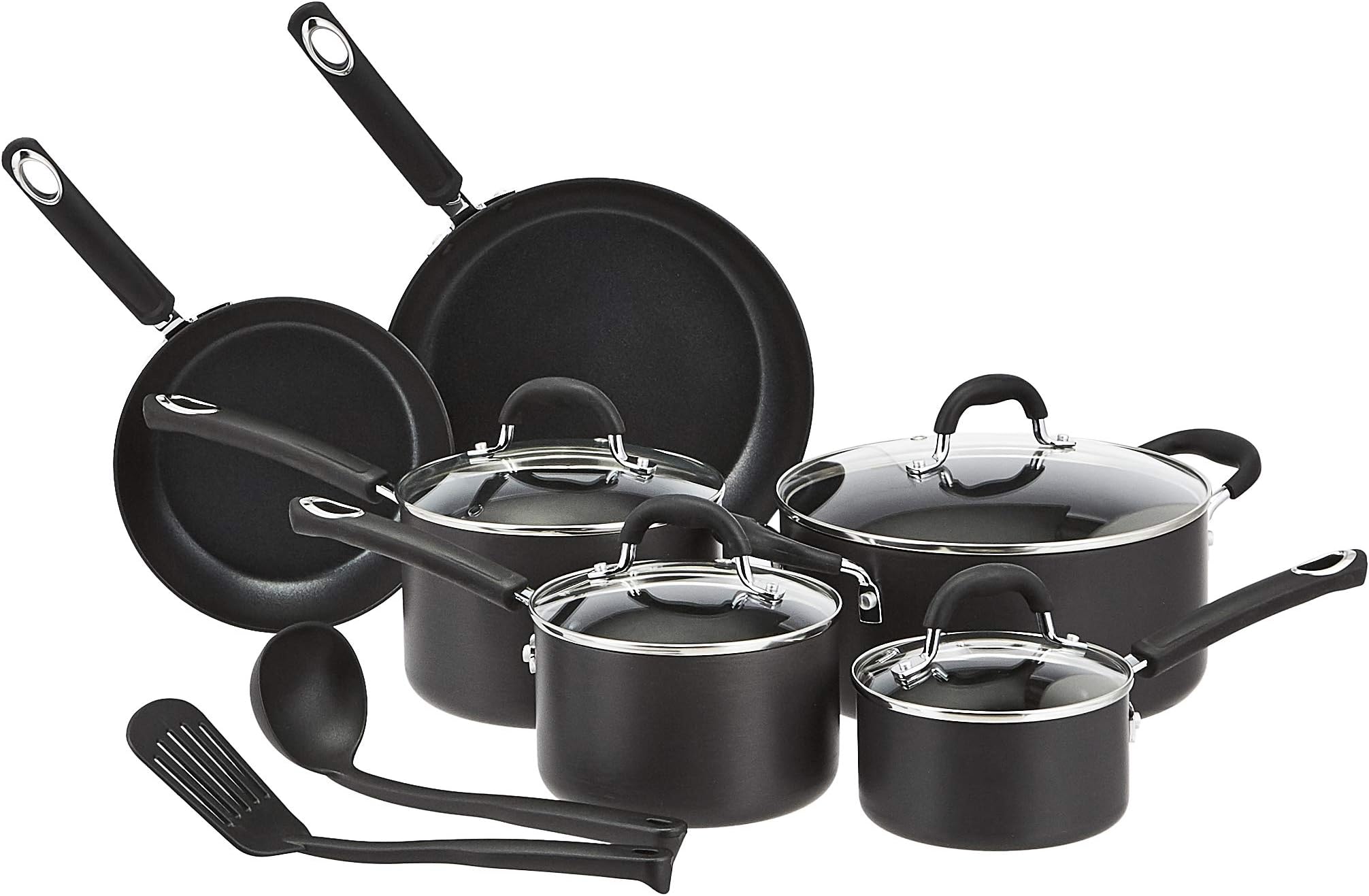 Amazon Basics Hard Anodized Non-Stick 12-Piece Cookware Set, Pots, Pans and Utensils, Black