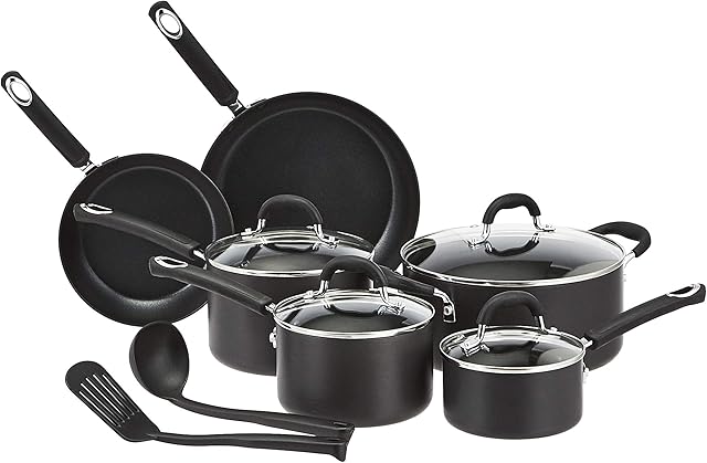 Amazon Basics Hard Anodised Non-Stick 12-Piece Cookware Set, Black