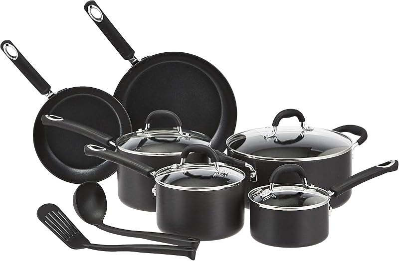 Amazon Basics Non-Stick Cookware Set, Pots and Pans with Lids, Hard Anodized Aluminum, Dishwasher Safe, Oven Safe, Black, 12-Piece