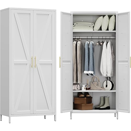 Metal Wardrobe Cabinet with Hanging Rod,Metal Wardrobe Closet with Shelves,Armoire Closet with for Home,H70.9 X W31.5 X D17.7,Installation Required,White