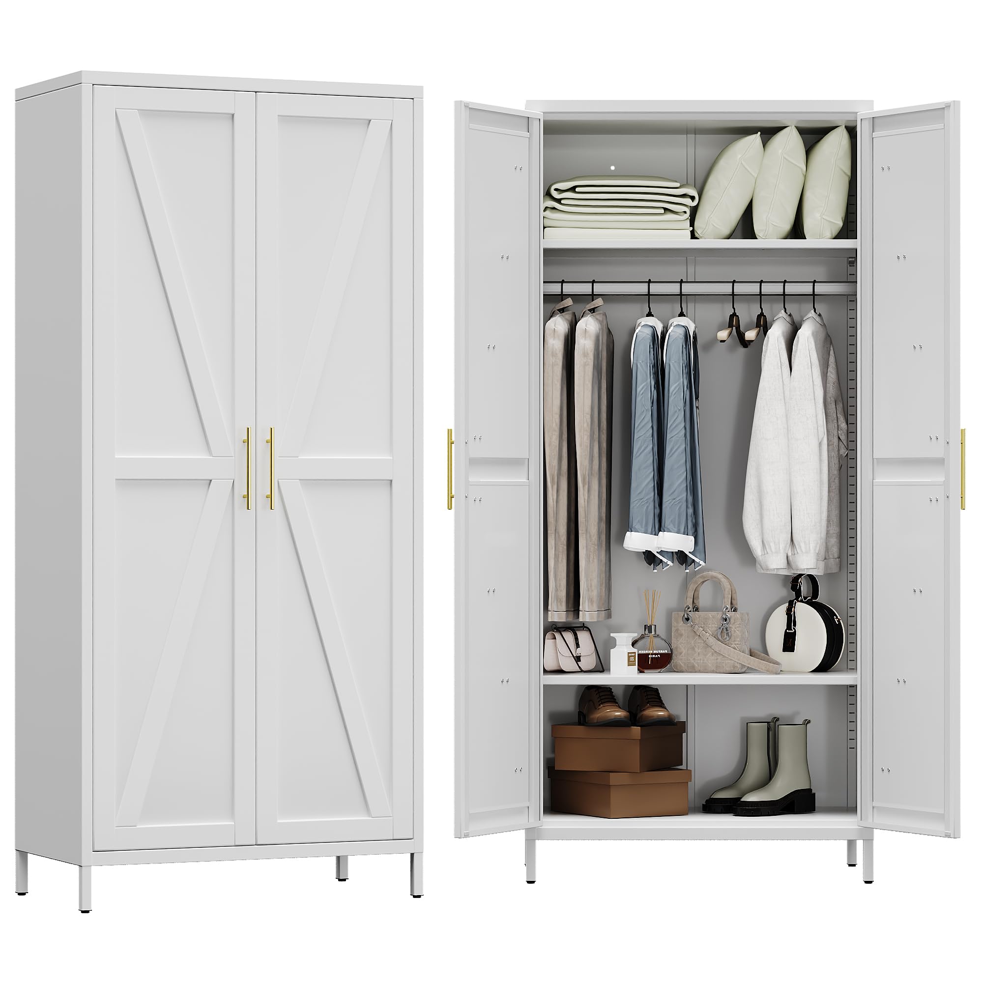 Aobabo 2 Door Metal Wardrobe Cabinet with Hanging Rod, Metal Wardrobe Closet with 2 Adjustable Shelves, Storage Lockers for Home,Office,Installation Required, White