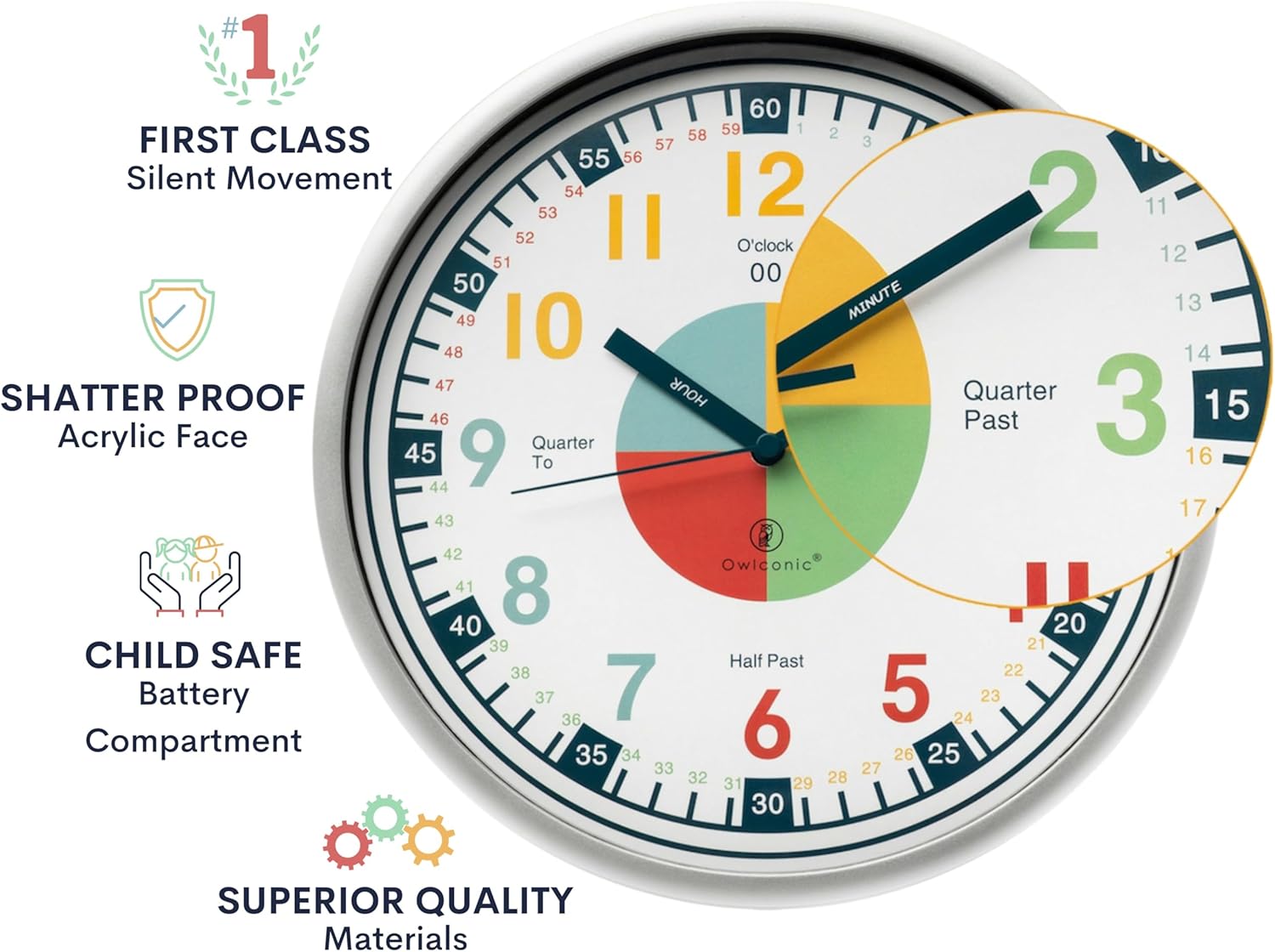 OWLCONIC Clock for Kids – Educational Analog Learning Wall Clock, Non Ticking Teaching Clock for Classroom & Homeschool, Silent Kids Bedroom Décor Multicolor