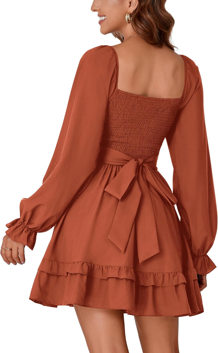 KIFOVEN Women's Lantern Long Sleeve Smocked Wrap Tiered Ruffle Flowy A Line Short Mini Dress - Image 5