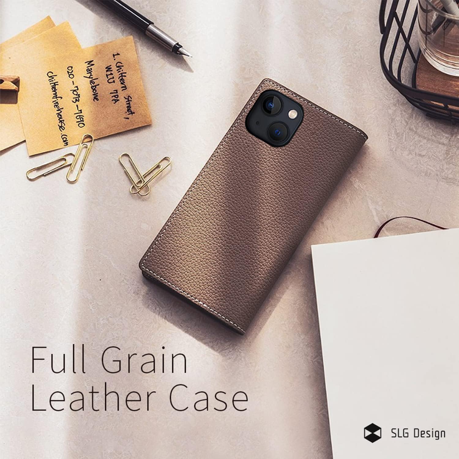 Design SD24330i14PNB iPhone 14 Pro Case, Notebook Type, Genuine Leather, Full Grain Grain Leather, Durable, Leather, Card Storage, Wireless Charging, Apple iPhone Case, Navy Blue