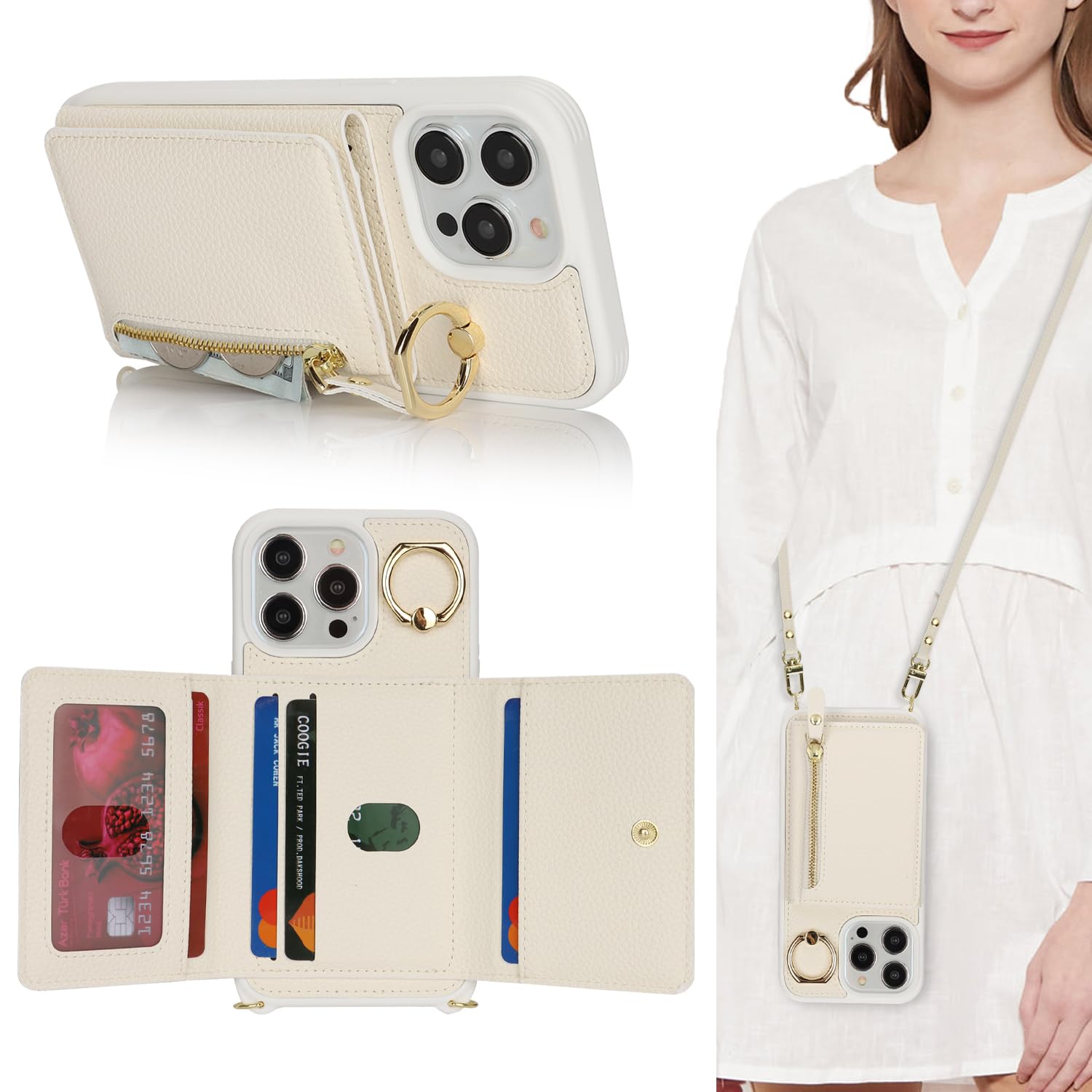 SunYoo for iPhone 14 Pro Max Case with Card Holder,for iPhone 14 Pro Max Case with Strap Crossbody Lanyard Stand,PU Leather Zipper Pocket Phone