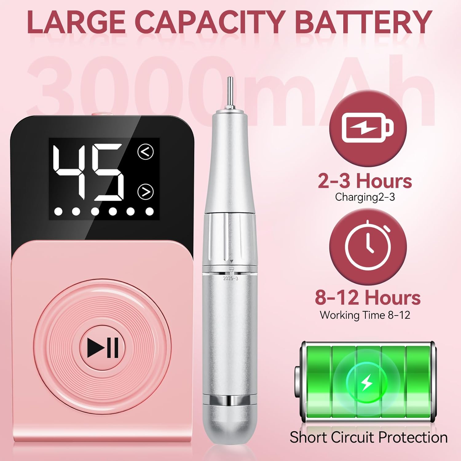 Nail Drill, Professional 45000RPM Electric Nail File with 12 Drill Bits Remover Gel Nail Polish Acrylic Nails Manicure for Salon Home(Pink) - Image 3