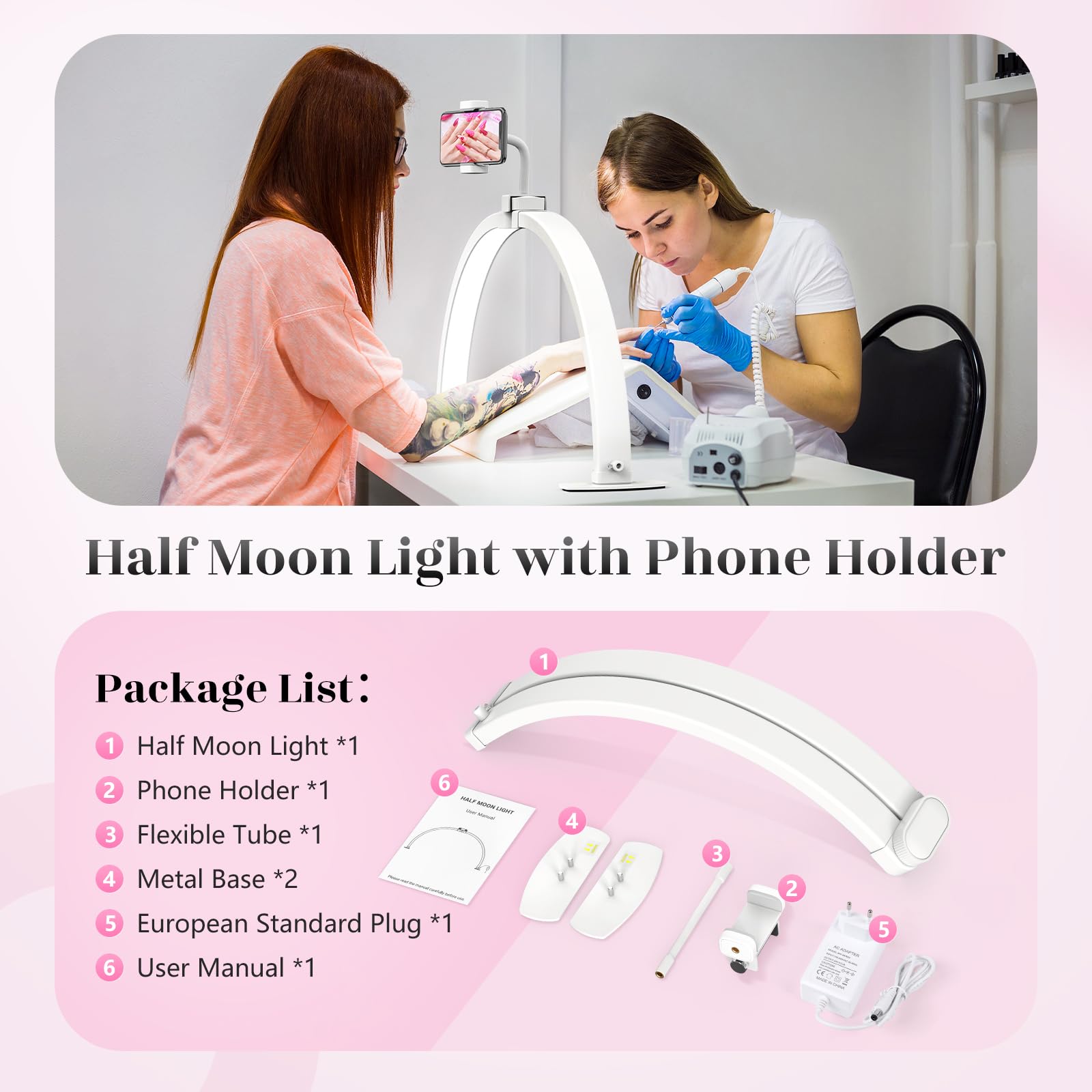 Mezza Luna Lampada per Nghie: 29" Lampada da Tavolo per Unghie con Supporto - Luce Unghie da Tavolo con 3 Modalità Colore e 10 Livelli di Luminosità Regolabili per Unghie (Bianco, Grande)