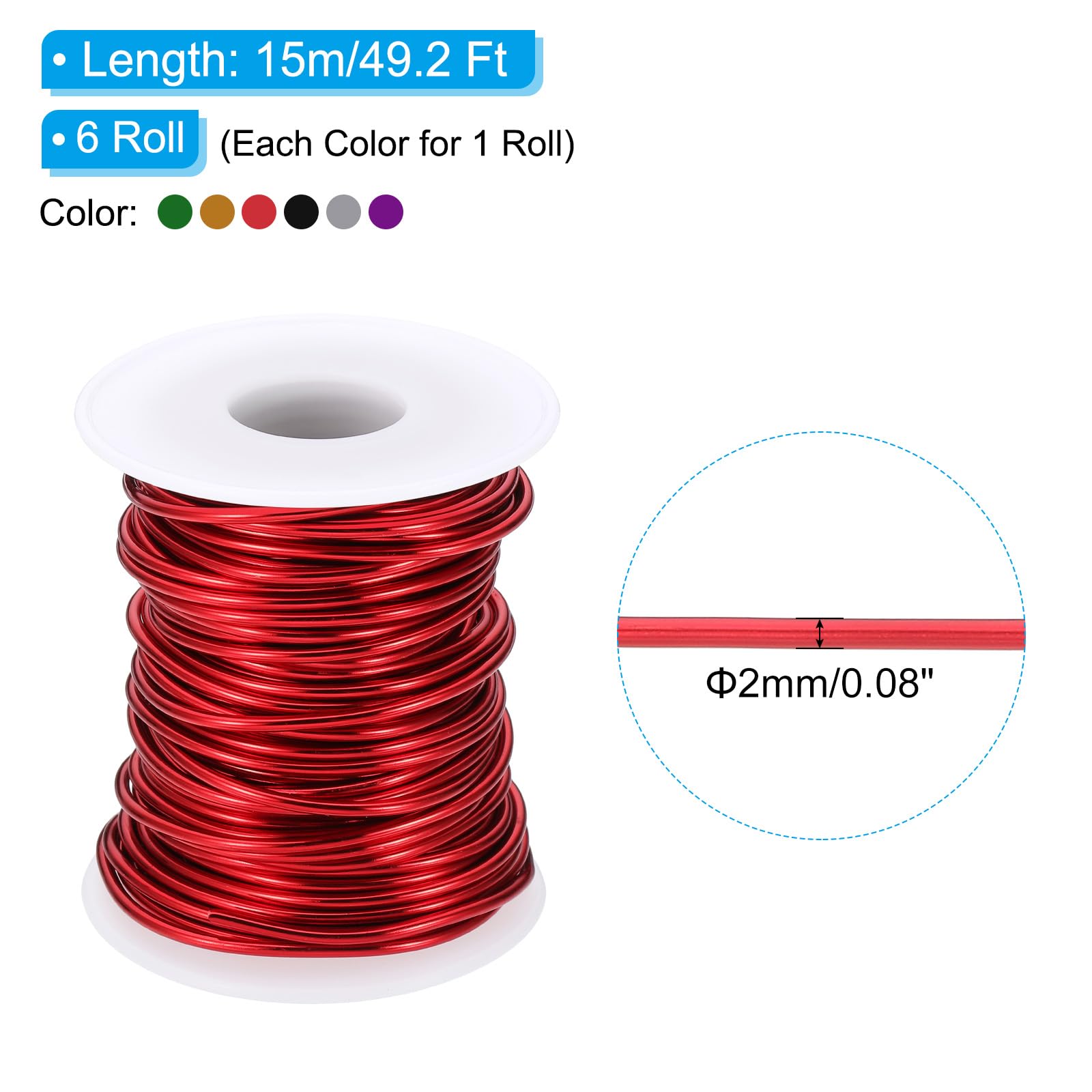 PATIKIL 49,2 Ft Metall Draht 6 Rollen 12 Gauge 2 mm Aluminium Basteldraht
