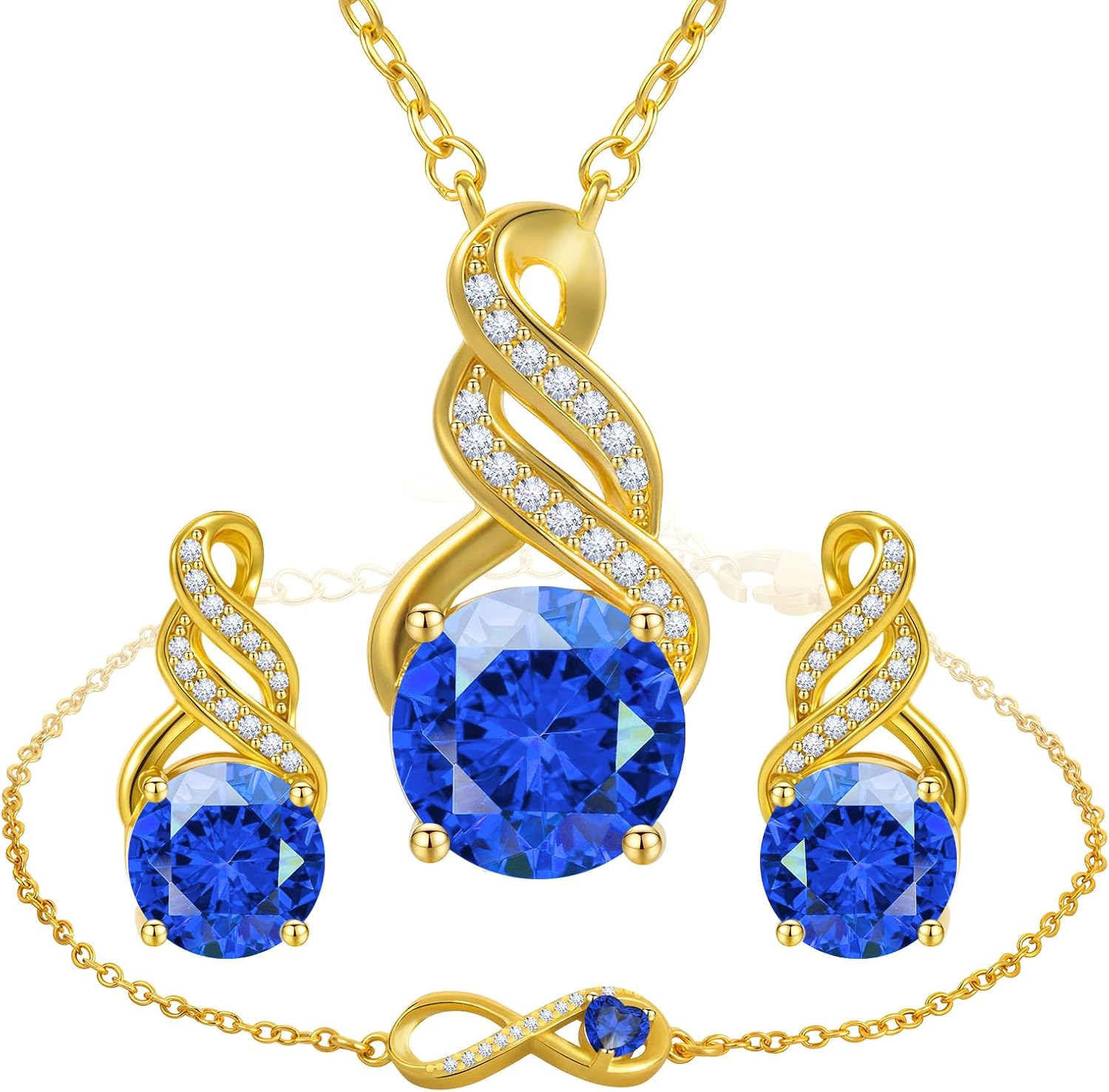 Jewelry Sets for Women-18K Gold Plated Dainty Birthstone Pendant,Trendy Necklace Earrings Infinity Bracelets Set,Ideal Jewelry Gifts for Her Mom