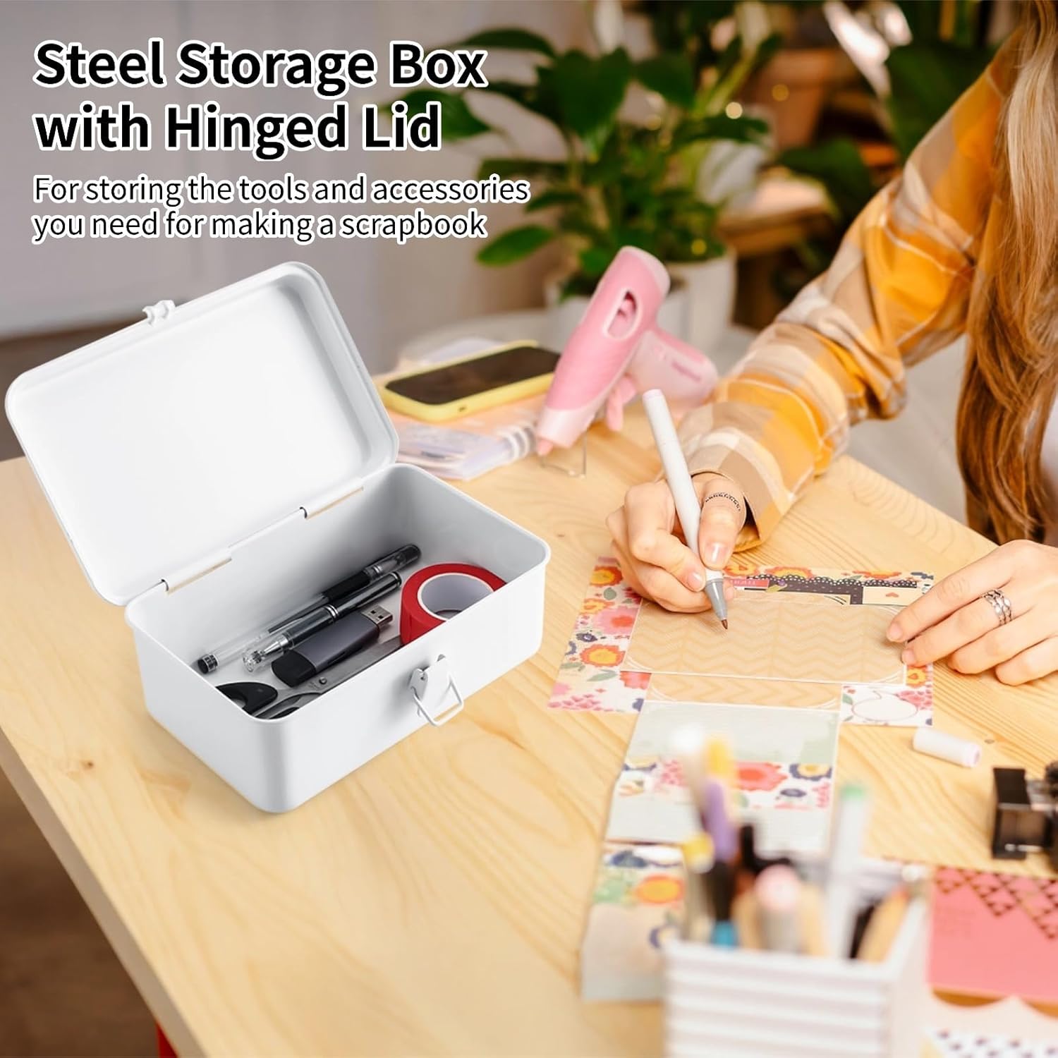 Rectangular Empty Hinged Metal Tool Box, Steel Storage Box with Hinged Lid, Metal Storage Organizer for Pens, Stationary, Office Supplies, Metal Container for Scrapbook Stamps, Pegs