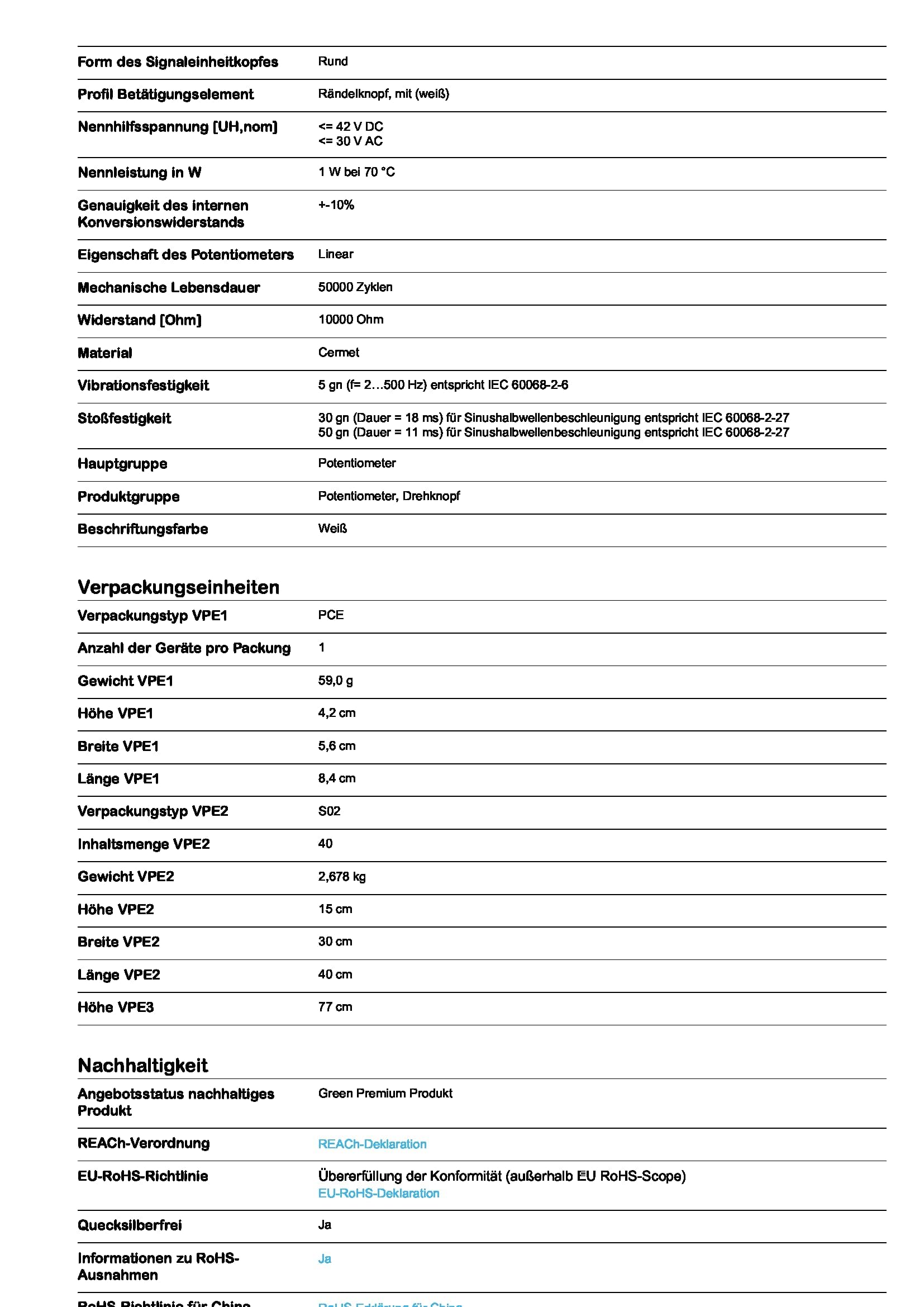 Schneider Electric Harmony XB5 Potentiometer, Komplettgerät, Kunststoff, Widerstand 10K Ohm, Artikelnummer XB5AD912R10K
