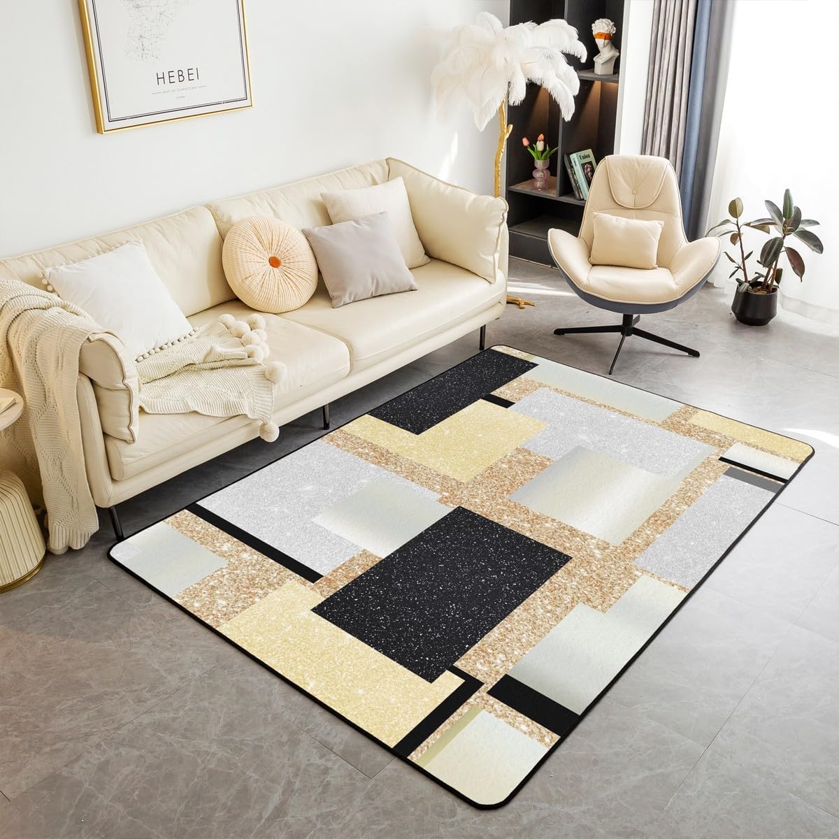 Erosebridal Pink Geometric Area Rug 5x7 Modern Abstract Rug for Bedroom Living Room Black Grey Glitter Print Carpet Decor Square Grids Sequins Pattern Indoor Floor Mat Non Slip