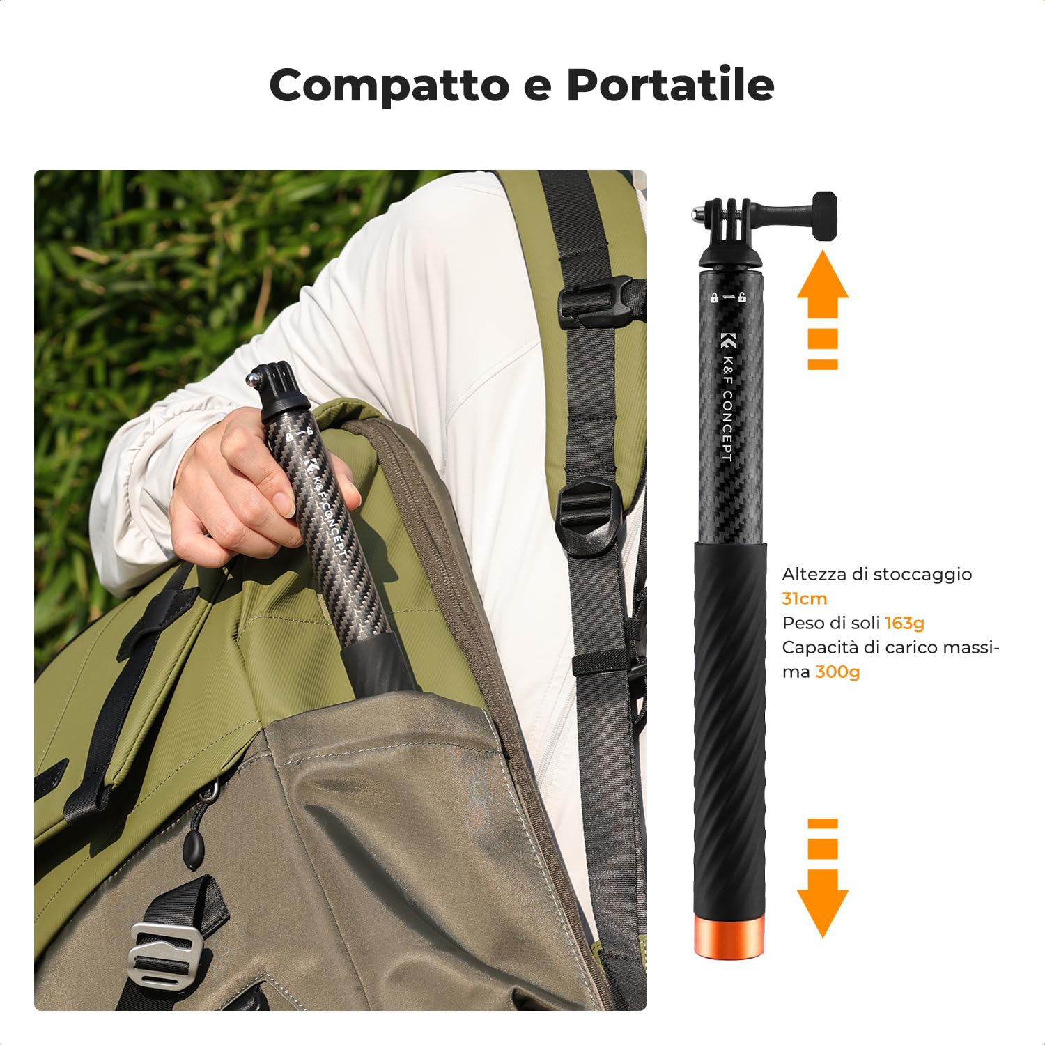 K&F Concept MS22 Selfie Stick, 127cm Bastone Selfie Invisibile in Carbonio, Monopiede Estensibile con Adattatore per Fotocamera Sportiva, Compatibile con GoPro Hero 13/12 Insta360 DJI Osmo Action
