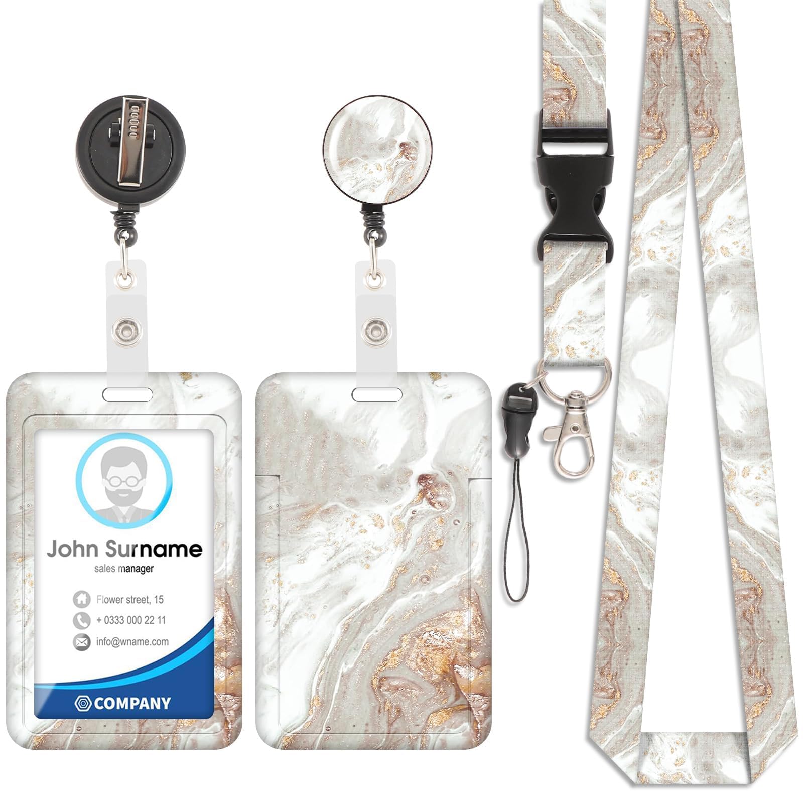 Badge Holder with Lanyard, ID Badge Holders with Detachable Cute Lanyard, Retractable Badge Reel Carabiner Clip, Personalized Vertical Card Cover Case Protector for Nurse Teacher Student (Marble-1)
