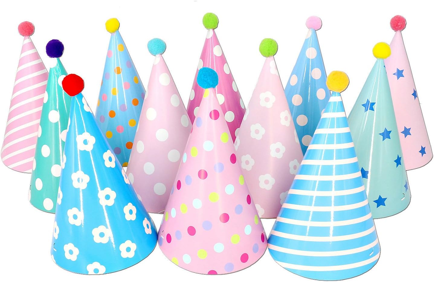 Olen Party Cone Hats with Pom Poms for Birthday, 12 ct