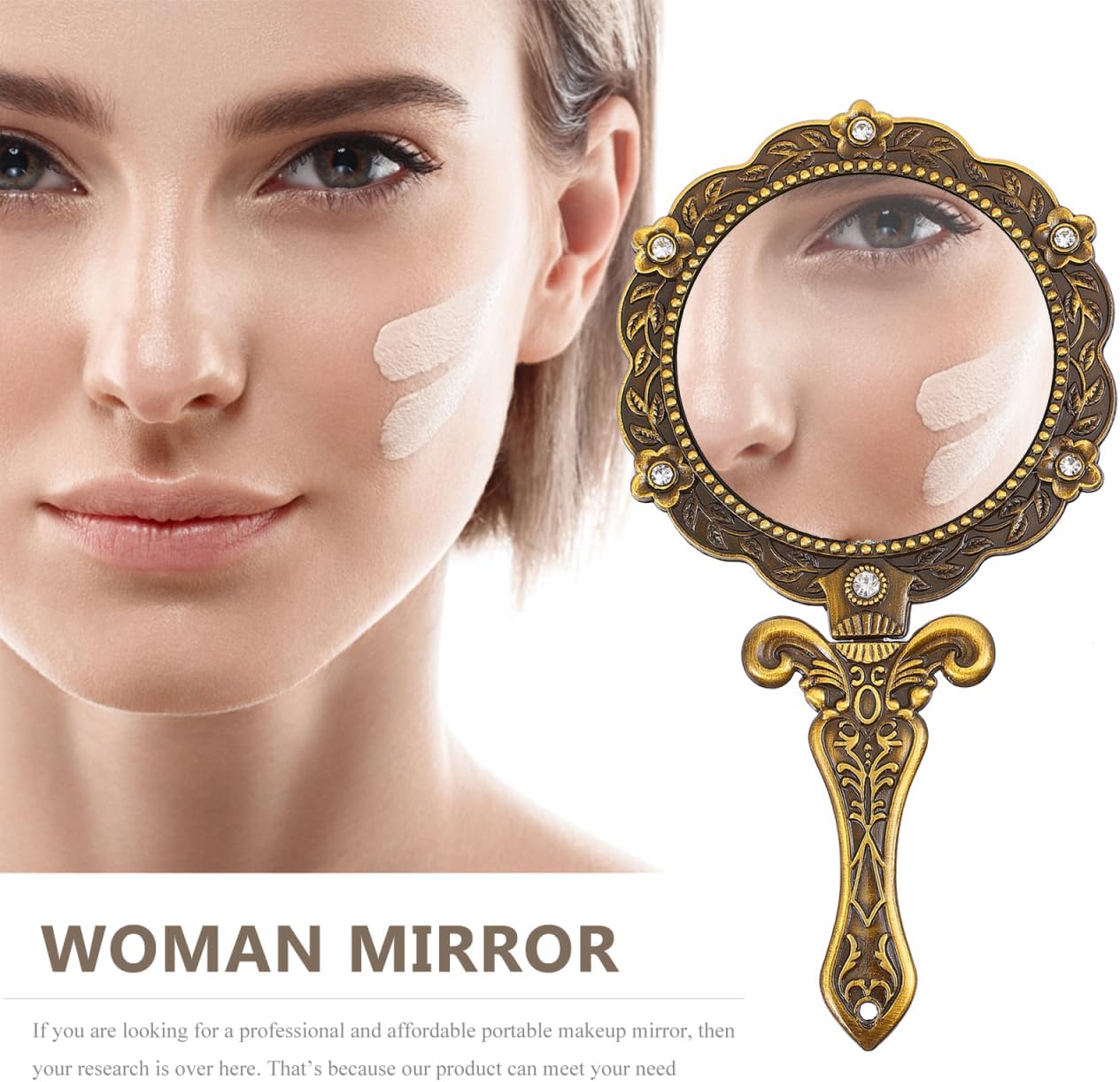 LALAFINA Vintage Handheld Folding Mirror with Crystal Accents, Portable Princess Mirror for Travel Home Makeup Use, 5.70x3.14 Inches