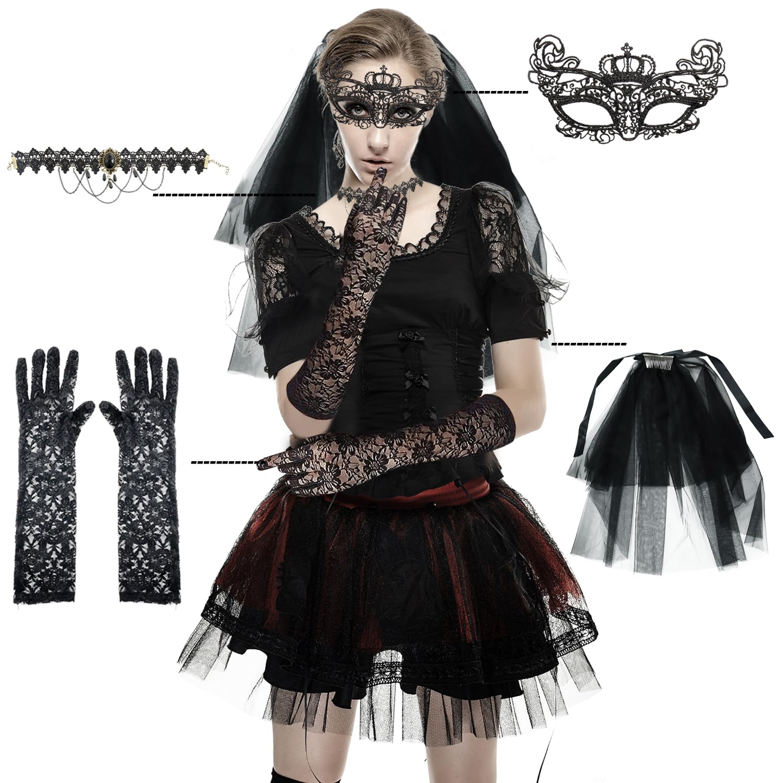 Gothic Schmuck Set Für Damen - 3-teilig Mit Spitzenhandschuhen, Maske & Halskette Für Halloween & Cosplay