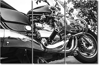 Black and White Motorbike Paintings Motorcycle Engine Pictures 3 Panel Canvas Motor Vehicle Wall Art for Living Room Giclee Artwork Home Decor Framed Ready to Hang Posters and Prints, 42"Wx28"H