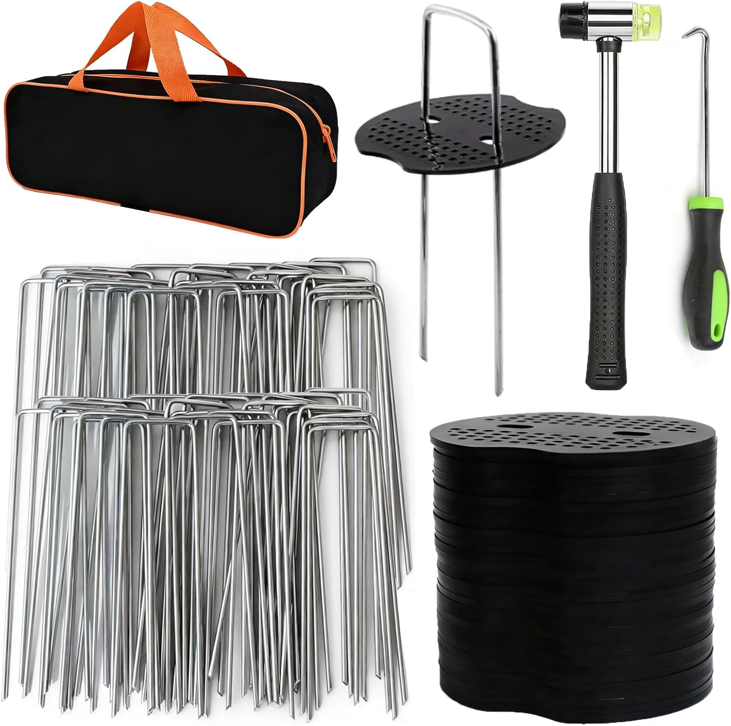 202Pcs Garden Stake Staple kit, 100Pcs 6-inch U-Shaped Landscape Staples, 100 Fixing Gasket, Pick Hook, Rubber Mallet Used for for Weed Barrier Fabric, Ground Cover, Holding Fence and Artificial Turf
