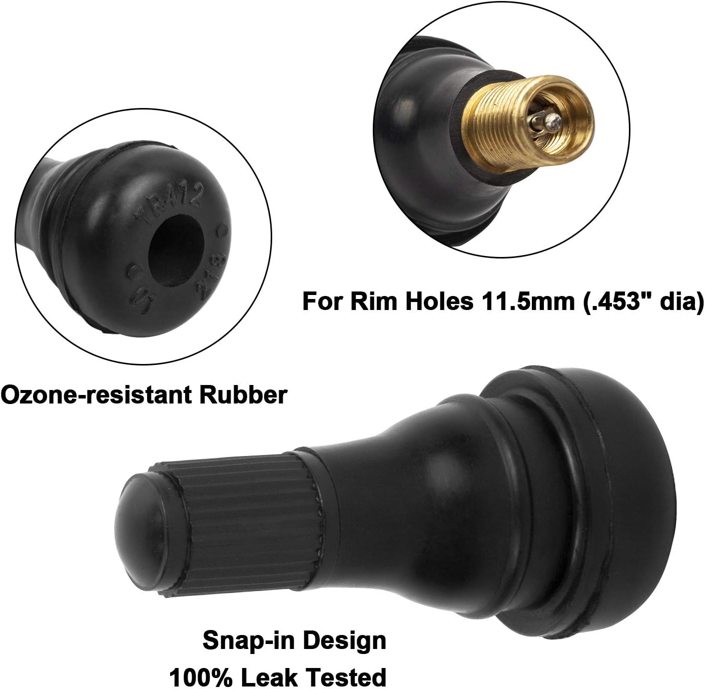 12 Pcs TR412 Snap-in Short Black Rubber Valve Stems for Off-Road Trucks ATV Vehicles