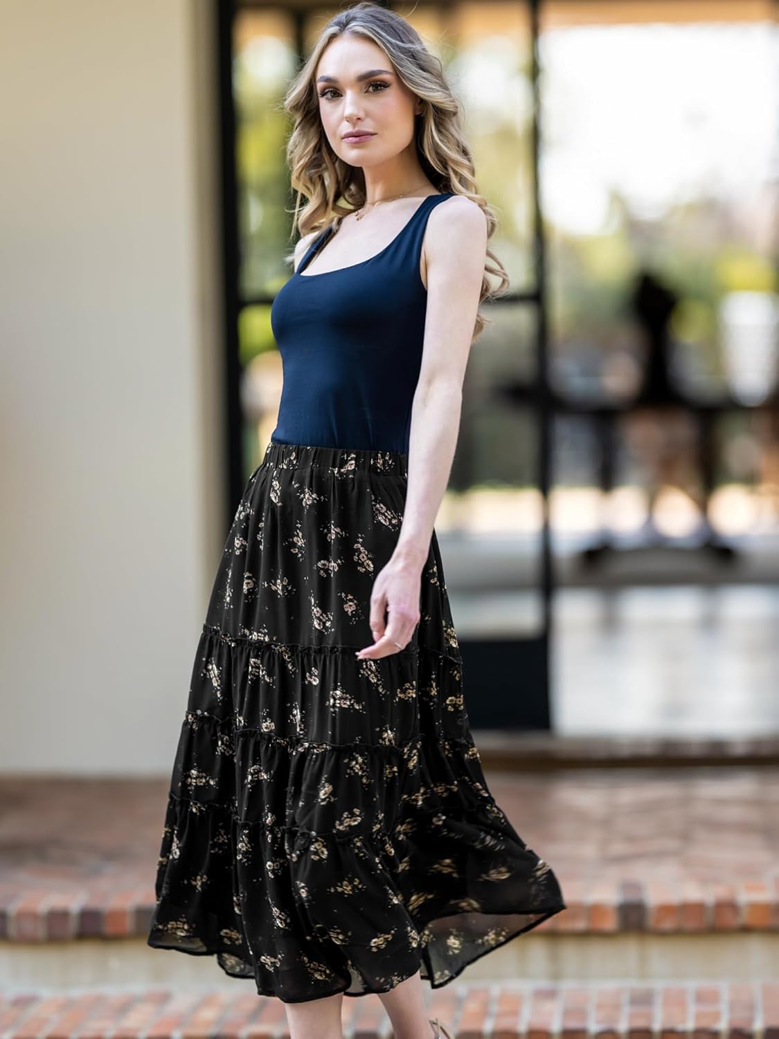 Allegra K Women's Floral Skirt Chiffon A-line Long Tiered Ruffle Boho Summer Midi Skirts
