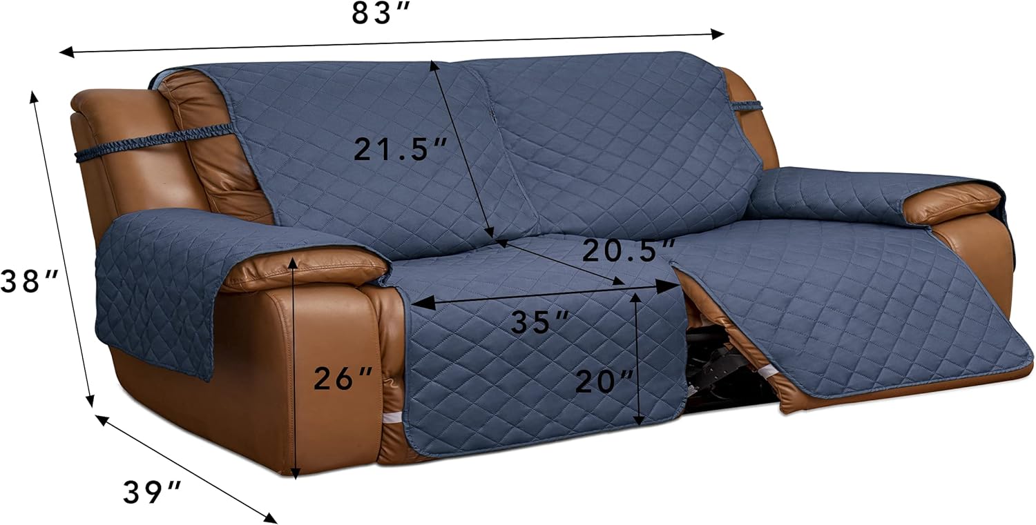 Easy-Going Oversized Loveseat Recliner Cover, Reversible Couch Cover for Double Recliner, Split Sofa Cover for Each Seat with Elastic Straps for Kids, Dogs(Oversized 2 Seater, Dark Blue/Light Blue)