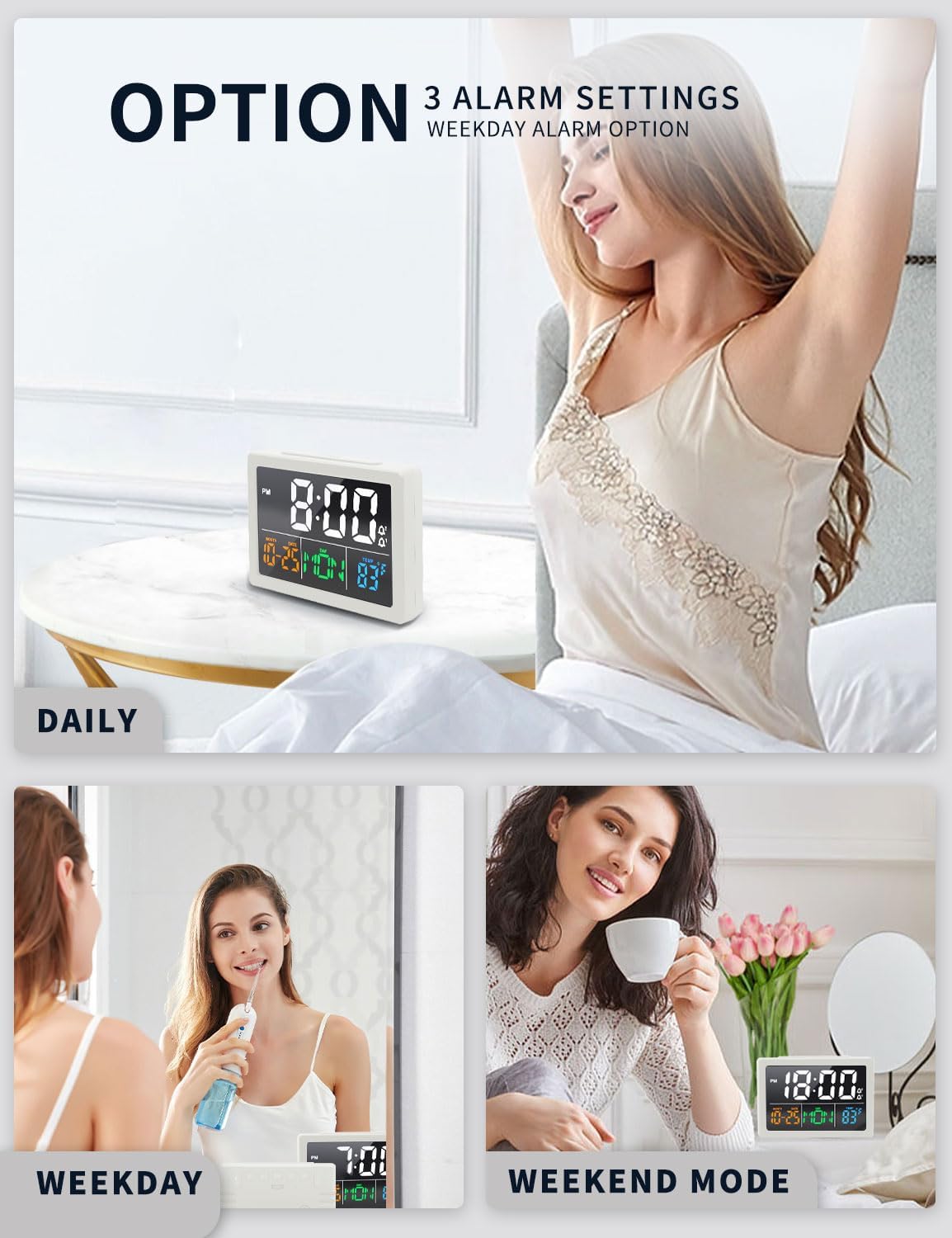 JALL Digital Clock with Date Day for Seniors, Electric Alarm Clocks for Bedrooms with Temperature, 2 Alarms, Dimmer, Dual USB Charger, Battery Backup, Volume Control, Snooze, Bedside Desk Clock, White image 5
