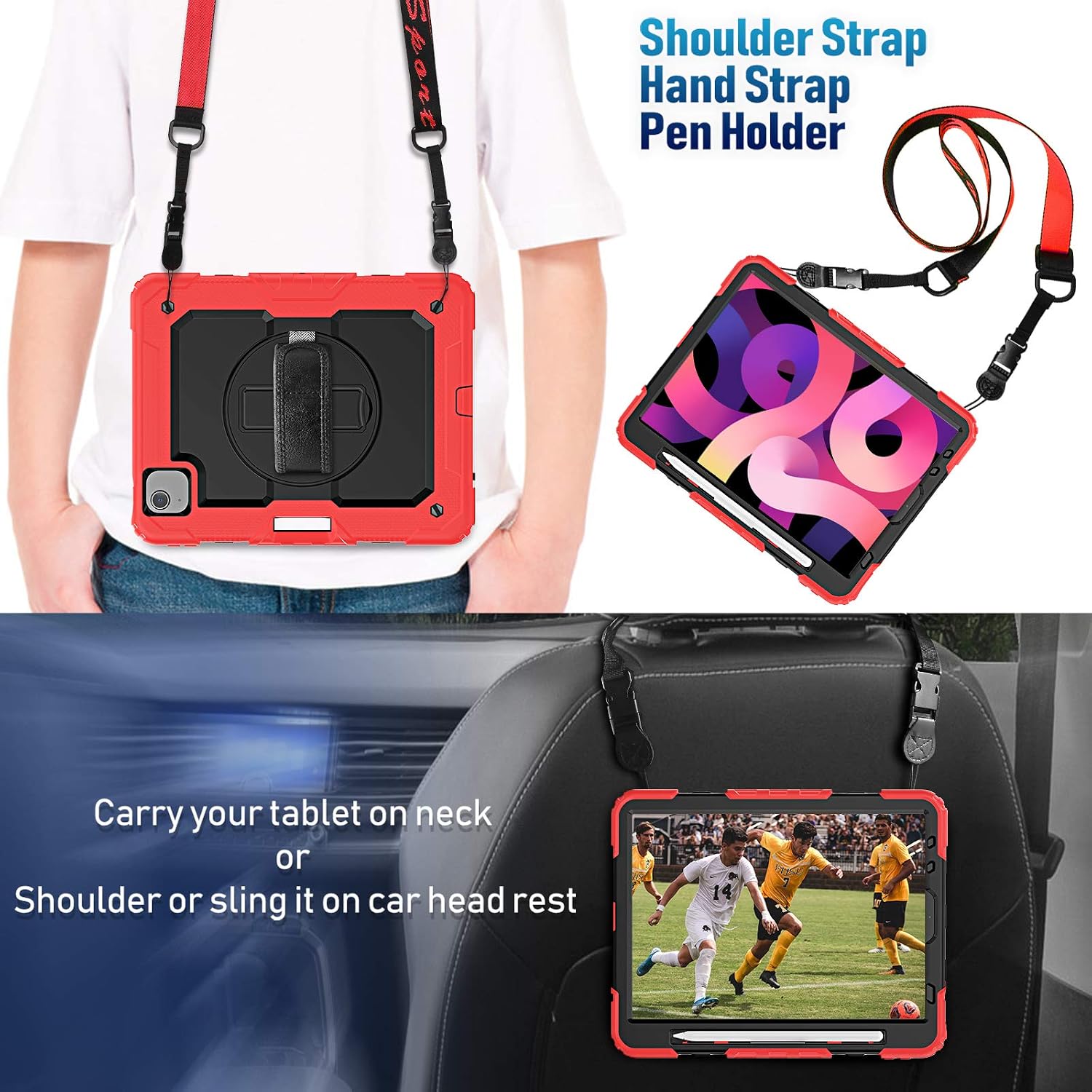 Timecity iPad Air 10.9 inch Case 2022/2020 Full-Body Drop Protection Case with Screen Protector & Pencil Holder [Swivel Stand] Hand Strap+Shoulder Strap Cases for iPad Air 5th /4th Generation, Red