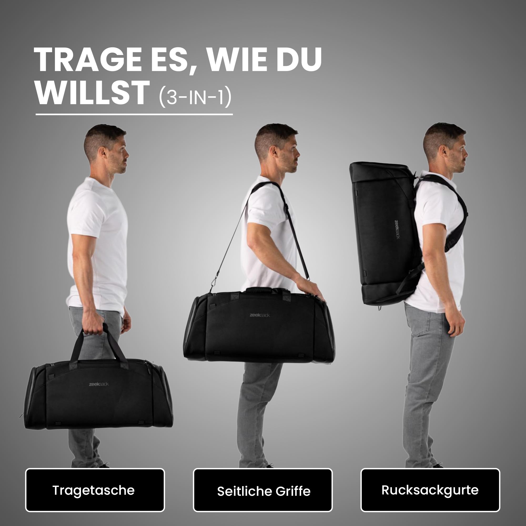 Zeeksack The Weekender 50L, Schwarz - Sport- & Reisetasche mit Schuhfach